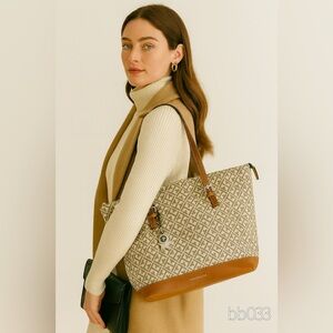 Tommy Hilfiger Monogram Tote Brown Leather Trim- Classic Logo Satchel Purse